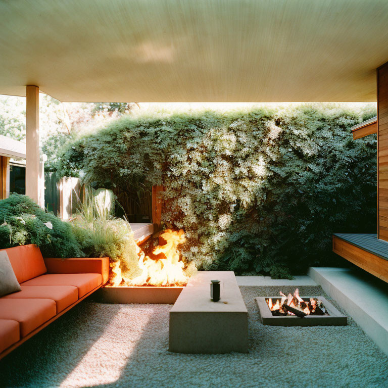 Modern Outdoor Seating Area with Orange Sofa and Fire Pit