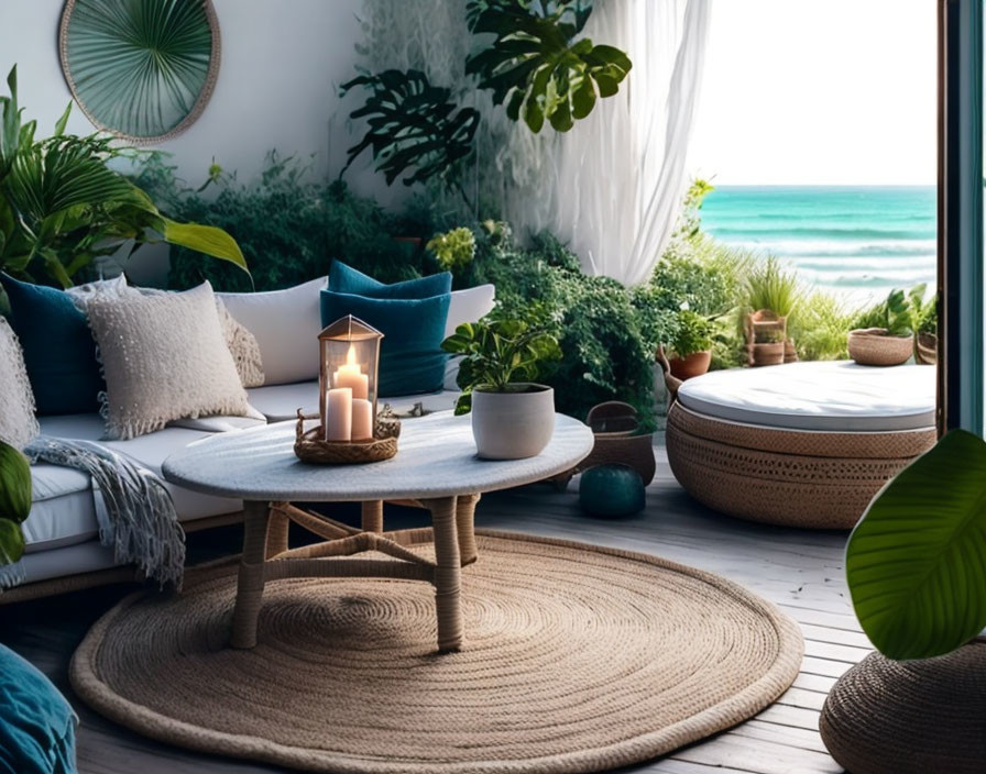 Beach-themed interior with white sofa, round tables, candles, and green plants by ocean view window