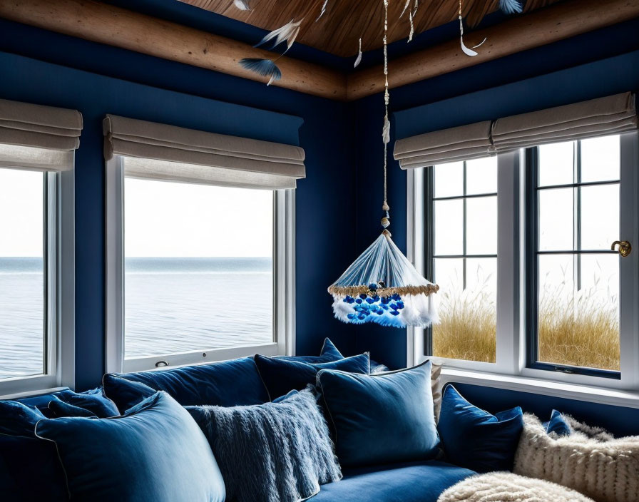 Coastal room with blue cushions, sea view windows, chandelier, wooden beams