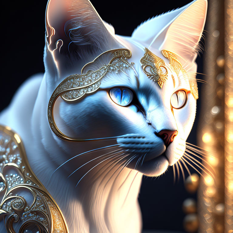 White Cat with Golden Jewelry and Blue Eyes on Dark Background