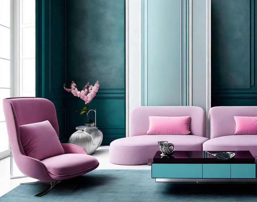 Stylish teal and pink living room with glass coffee table and pink flowers