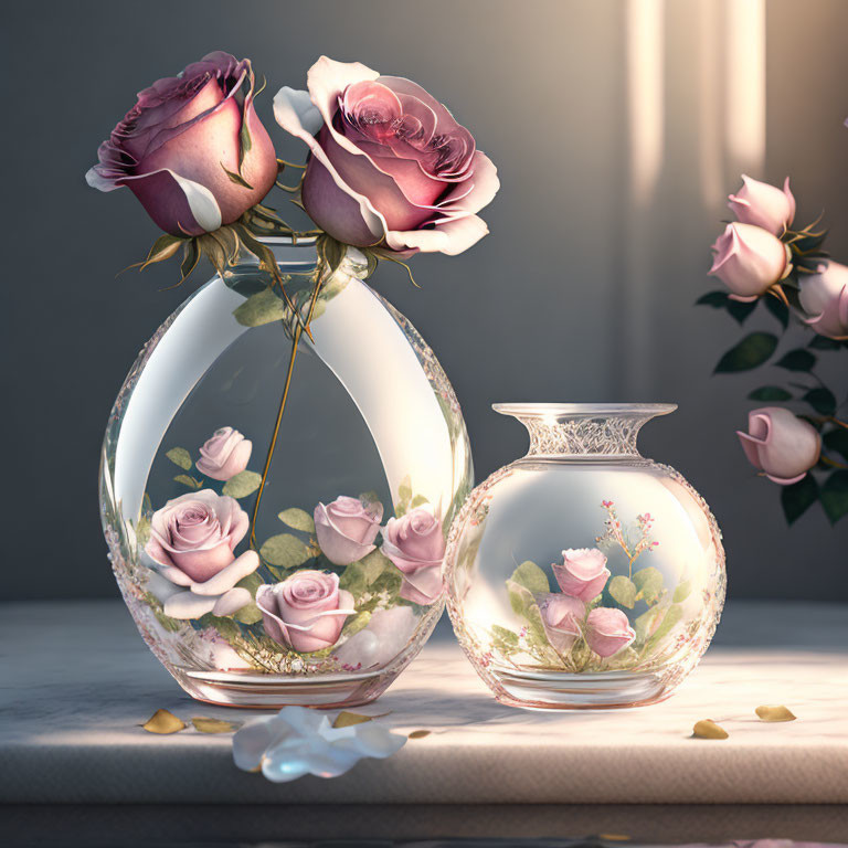 Ornate vases with rose designs on table with soft lighting