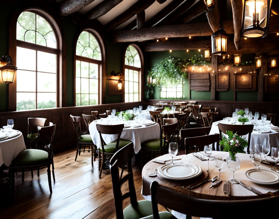 Rustic Restaurant Interior with Wooden Beams and Green Walls