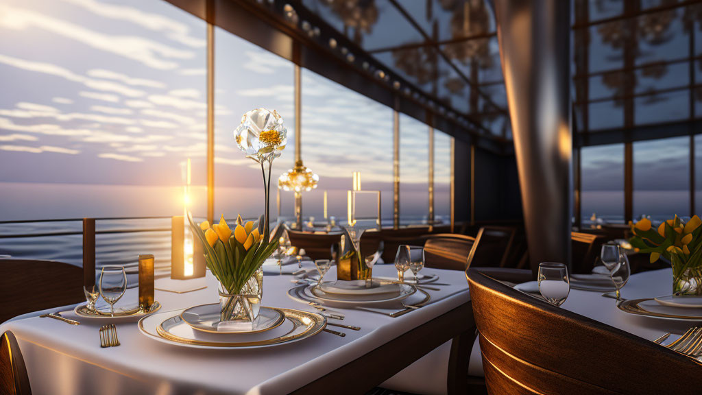 Sophisticated restaurant ambiance with sunset view and elegant table setting