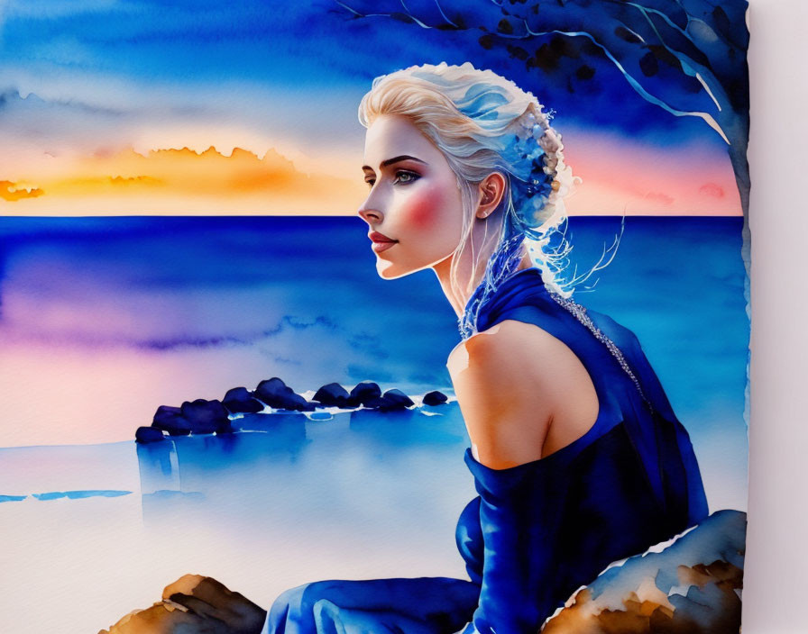 Blonde Woman in Blue Dress by the Sea at Sunset