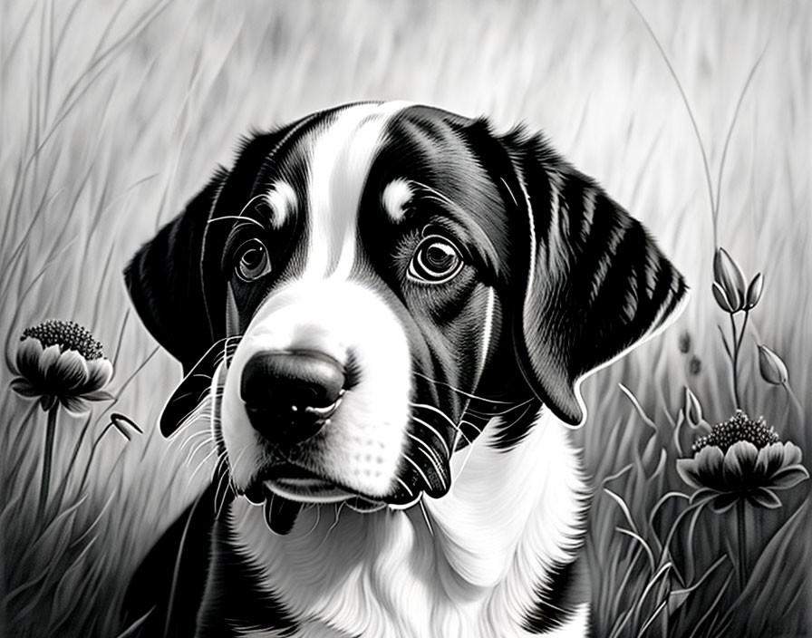 Monochromatic digital illustration of a puppy with unique fur patterns