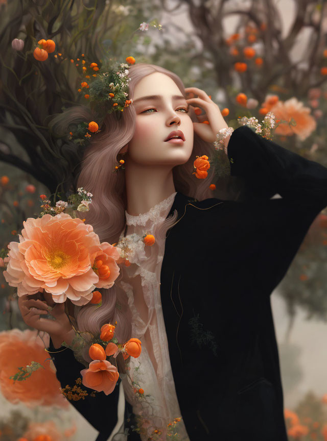 Woman with Flowing Hair and Orange Flowers in Black and White Outfit Among Floral Backdrop