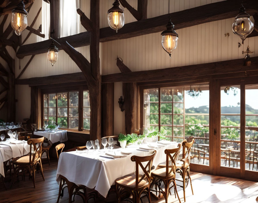 Rustic dining room with wooden beams, lanterns, white tablecloths, and greenery