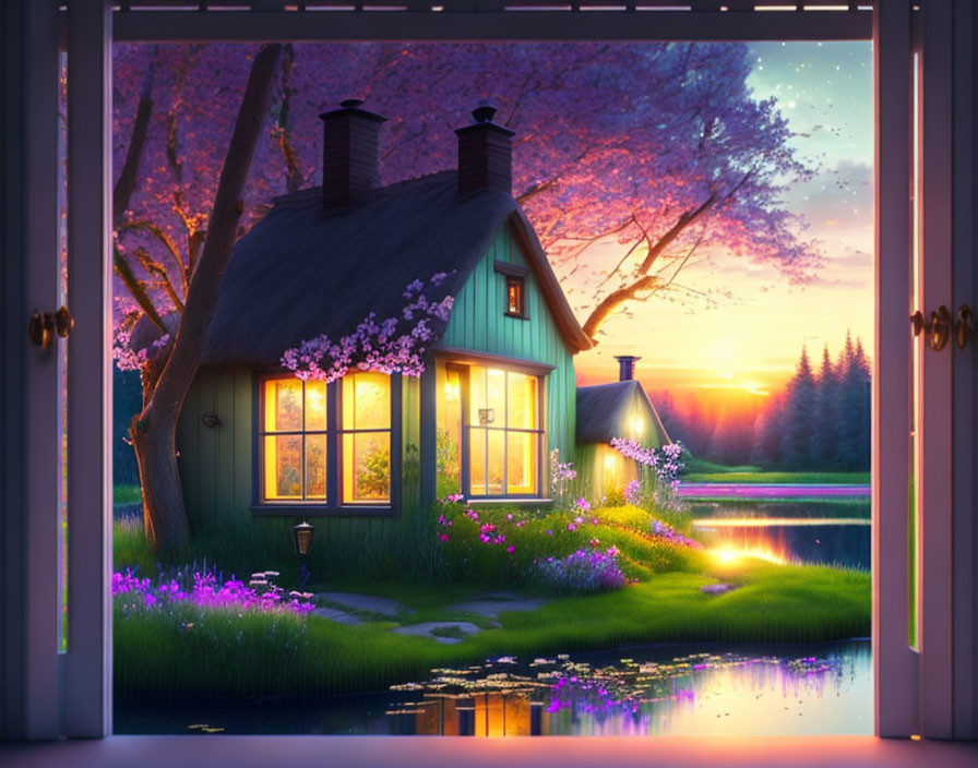 Twilight scene of cozy cottage by blooming trees and calm lake