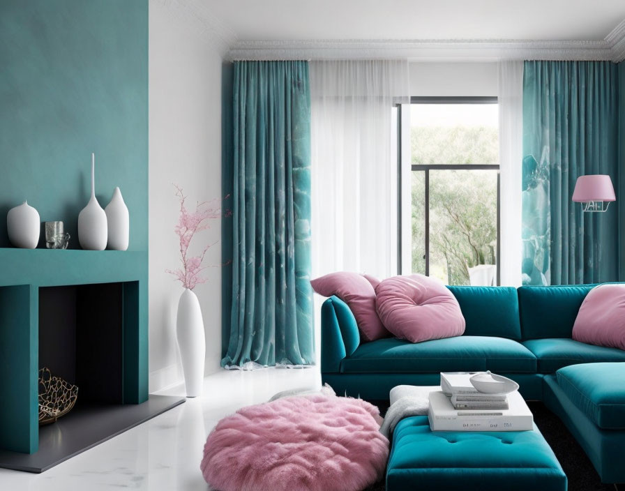 Stylish living room with teal walls, pink accents, and large windows