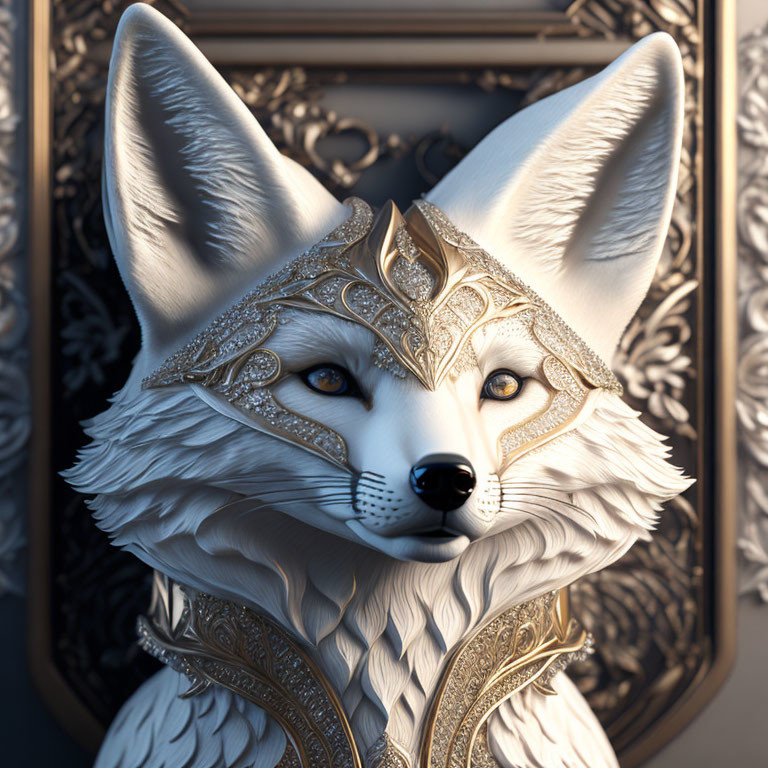 Regal anthropomorphic fox with golden headgear and armor in ornate setting