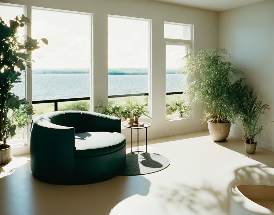 Spacious room with large windows, circular green sofa, and indoor plants