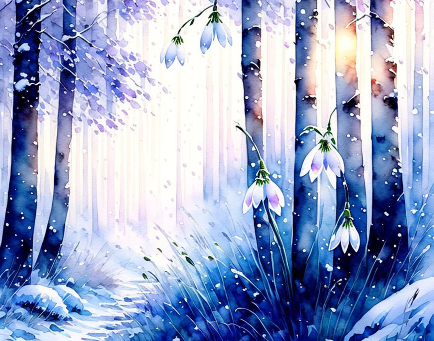 Snowdrops in Snowy Forest with Sunlight: Watercolor Painting