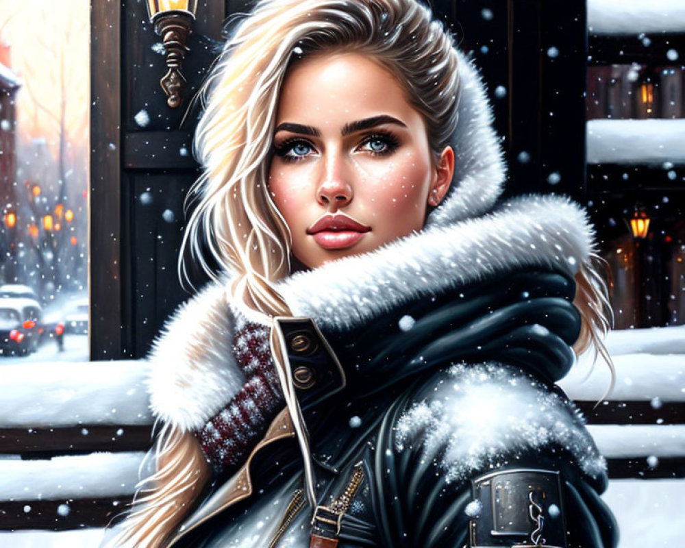 Blonde Woman in Winter Coat with Snowflakes and Snow-covered Streets