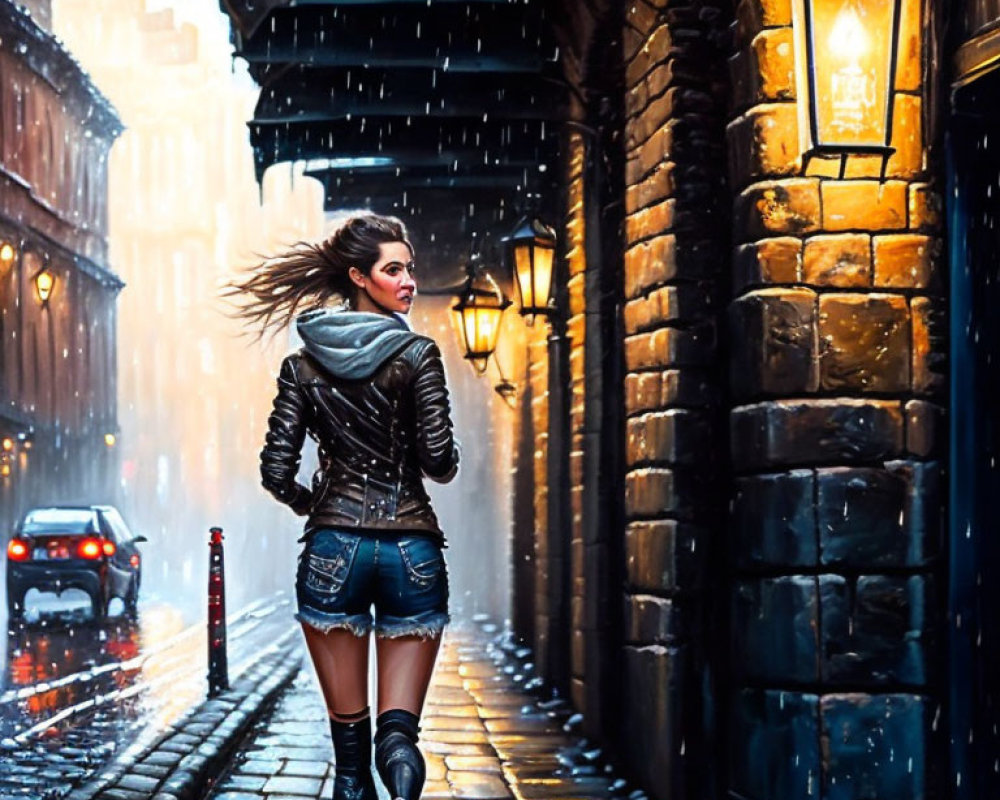 Woman in leather jacket and denim shorts strolling on rainy cobbled street with vintage street lamps