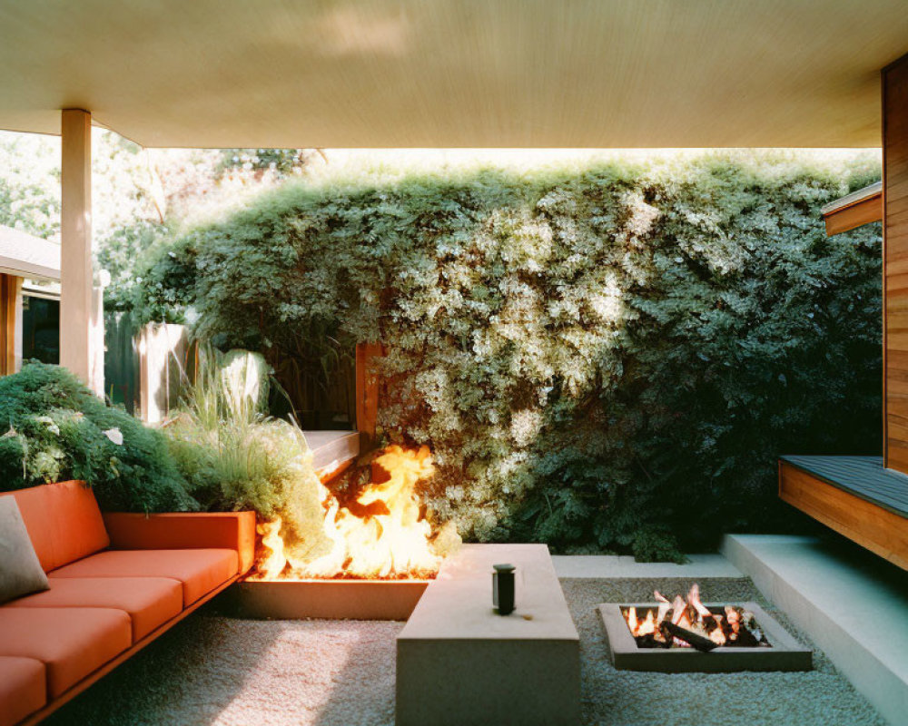 Modern Outdoor Seating Area with Orange Sofa and Fire Pit