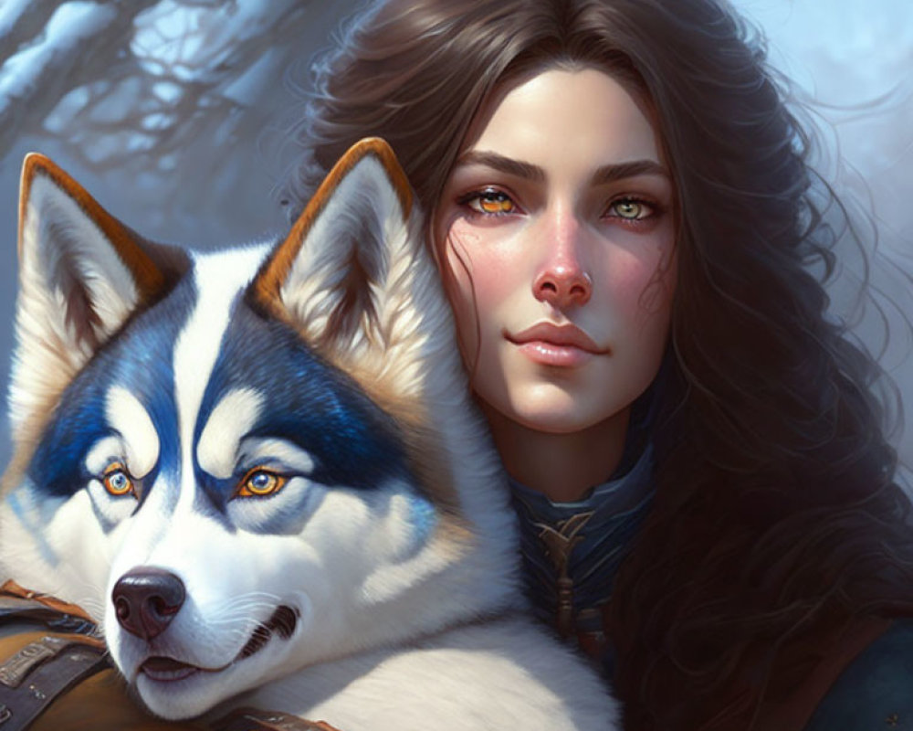 Woman with long dark hair and husky in winter scene show companionship