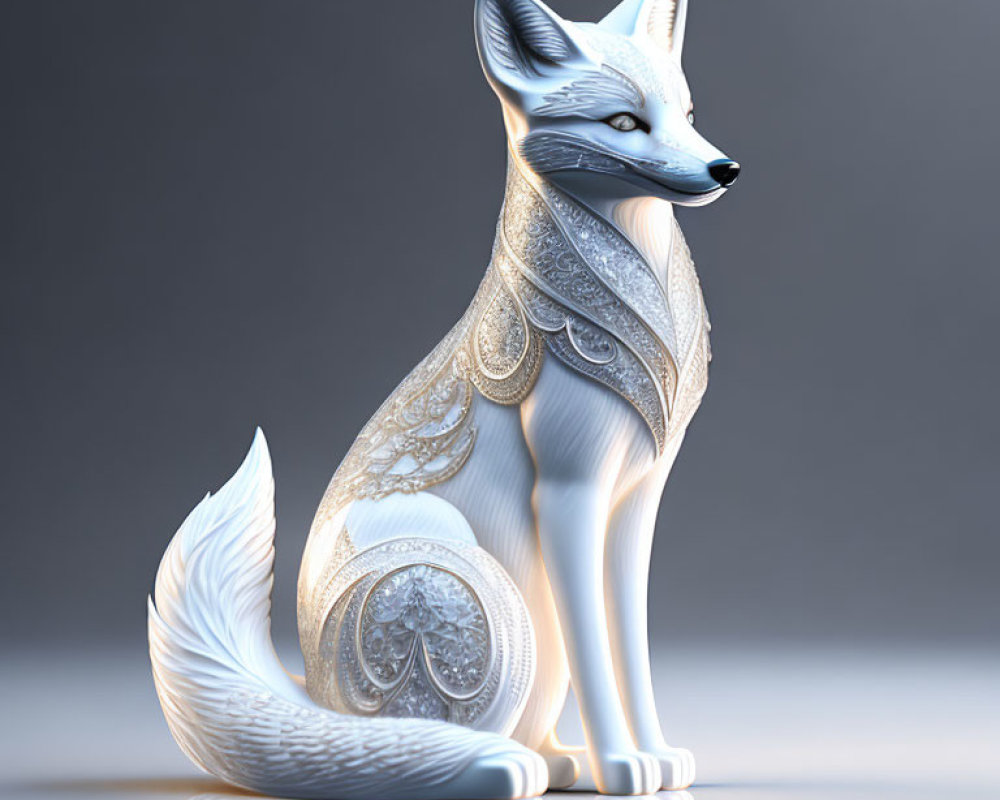 Stylized white fox with silver filigree patterns in 3D illustration