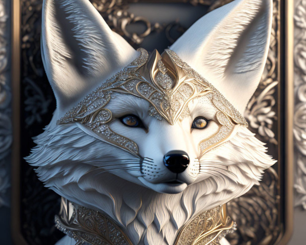 Regal anthropomorphic fox with golden headgear and armor in ornate setting