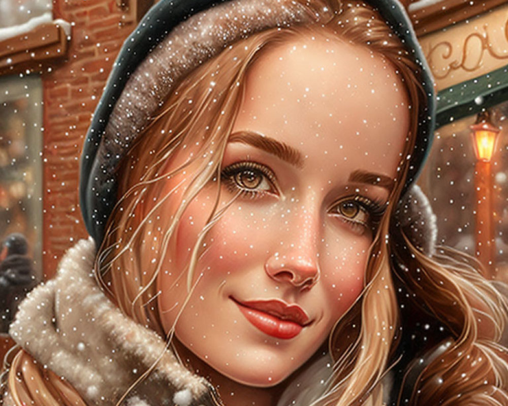 Detailed close-up of serene young woman in winter attire with snowflakes.