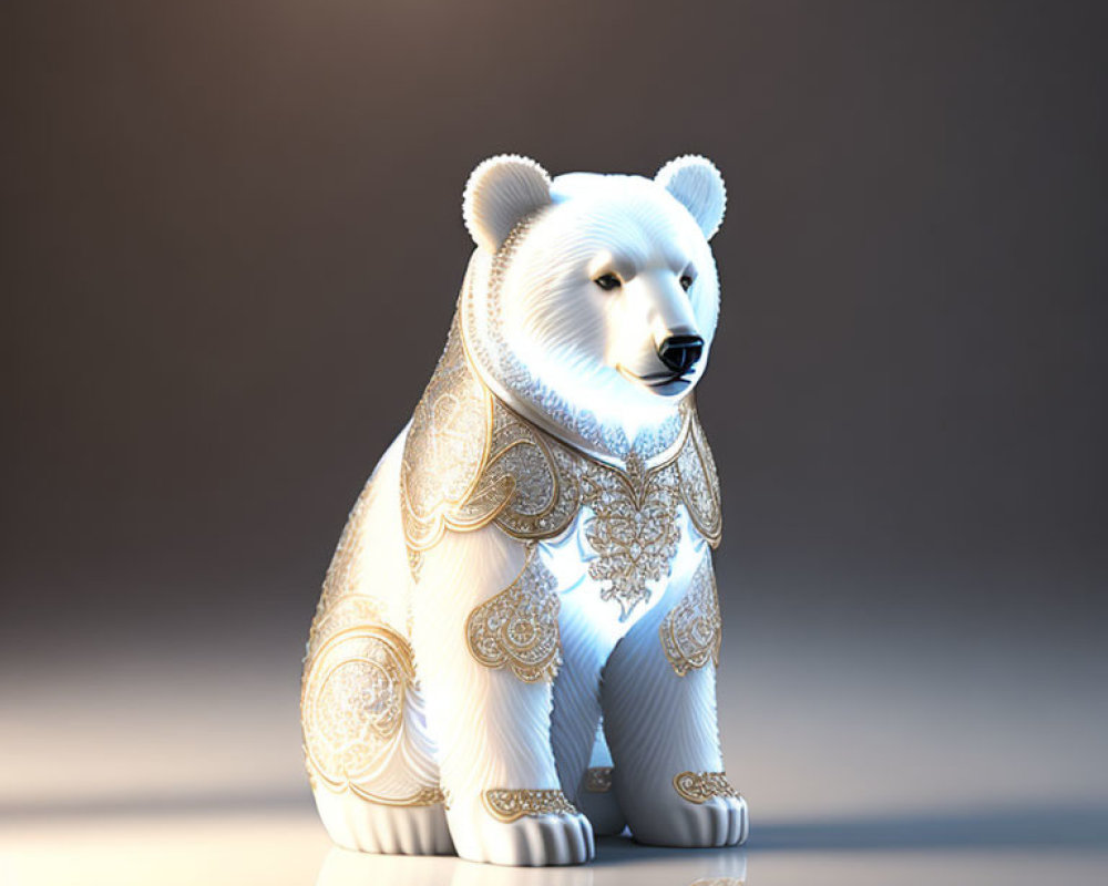 3D-rendered white polar bear with gold patterns on neutral background