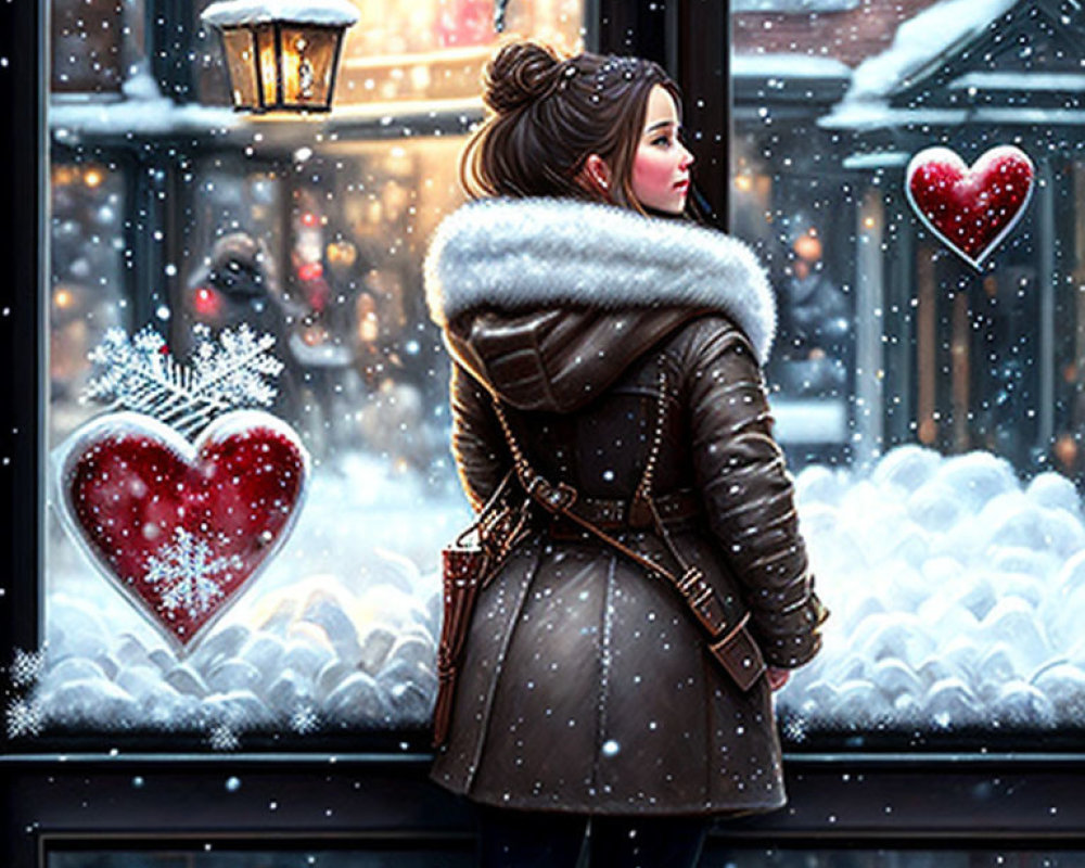 Woman in winter coat with fur collar gazes at snow-covered scene by heart-decorated window as