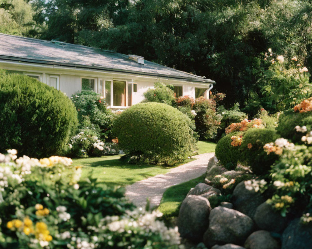 Charming house with vibrant garden and stone pathway