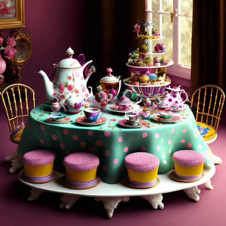 Colorful Tea Party Setup with Polka-Dotted Tablecloth & Pastel Teaware