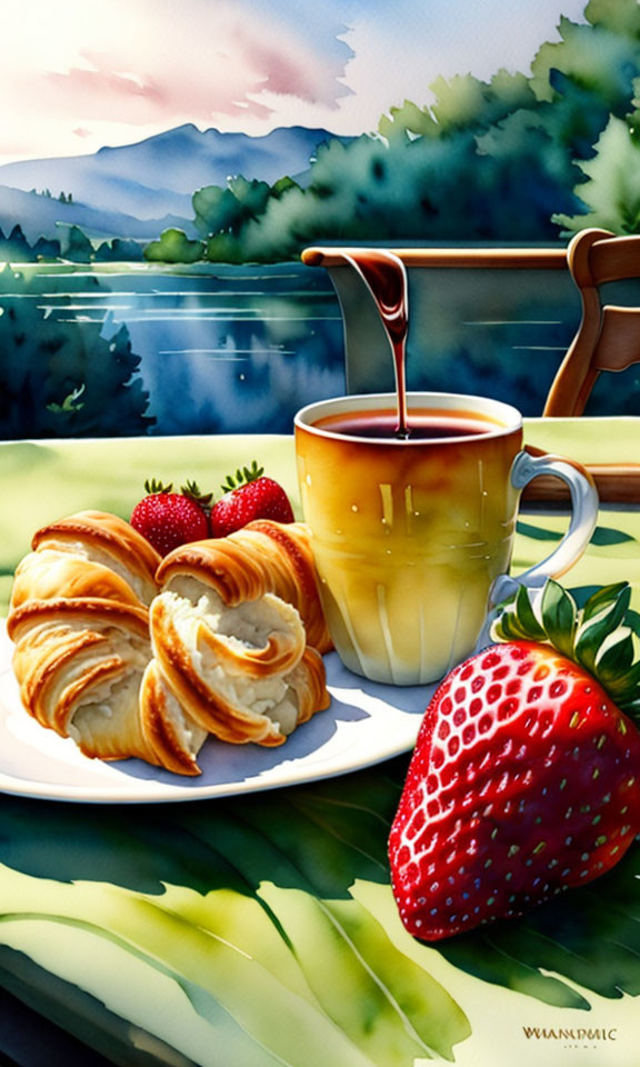 Bright Breakfast Scene with Tea, Croissants, and Strawberries by Mountain