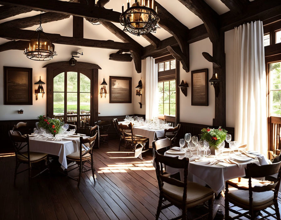 Sophisticated dining area with white tablecloths, wooden beams, chandeliers, and sun