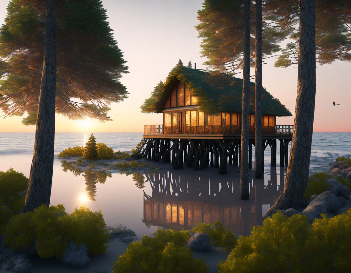 Wooden house on stilts among pine trees at sunset by calm water