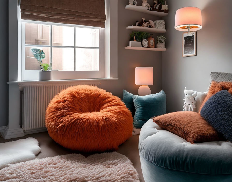 Warm-Toned Room with Orange Bean Bag and Plush Pillows