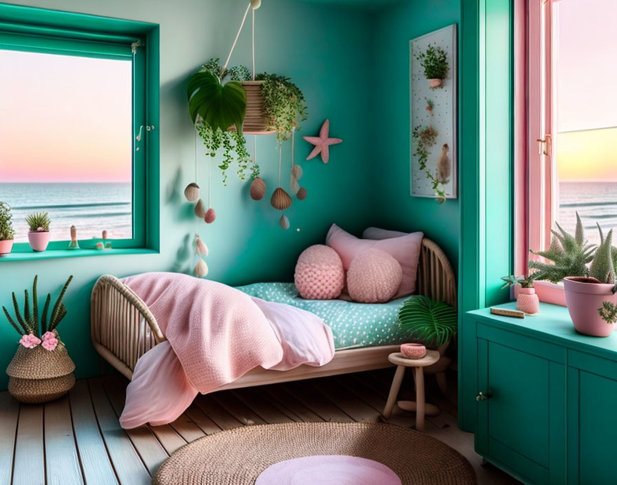 Pastel Beachfront Room with Serene Sunset View and Marine Decor