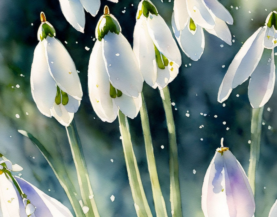 Delicate snowdrop flowers in watercolor with droplets on petals