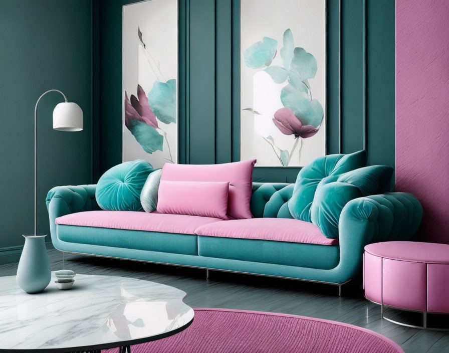 Stylish living room with teal sofa, pink cushions, marble table, modern lamp