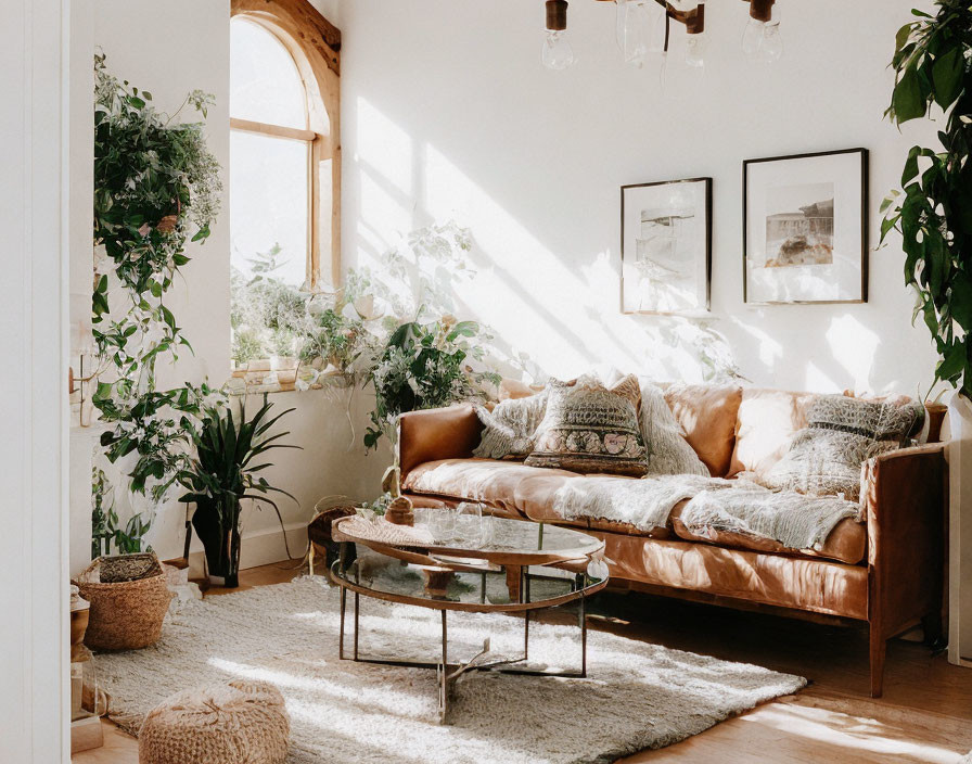 Sunlit Living Room with Brown Leather Sofa and Potted Plants