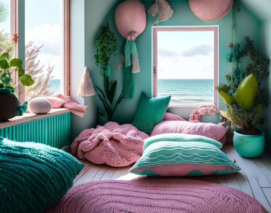 Turquoise beach-themed room with ocean view, pink and teal cushions, knit blankets, green plants,