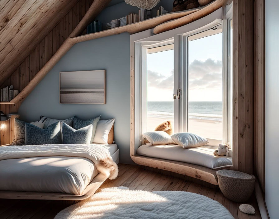 Beach-themed cozy bedroom with plush bed and wooden interiors