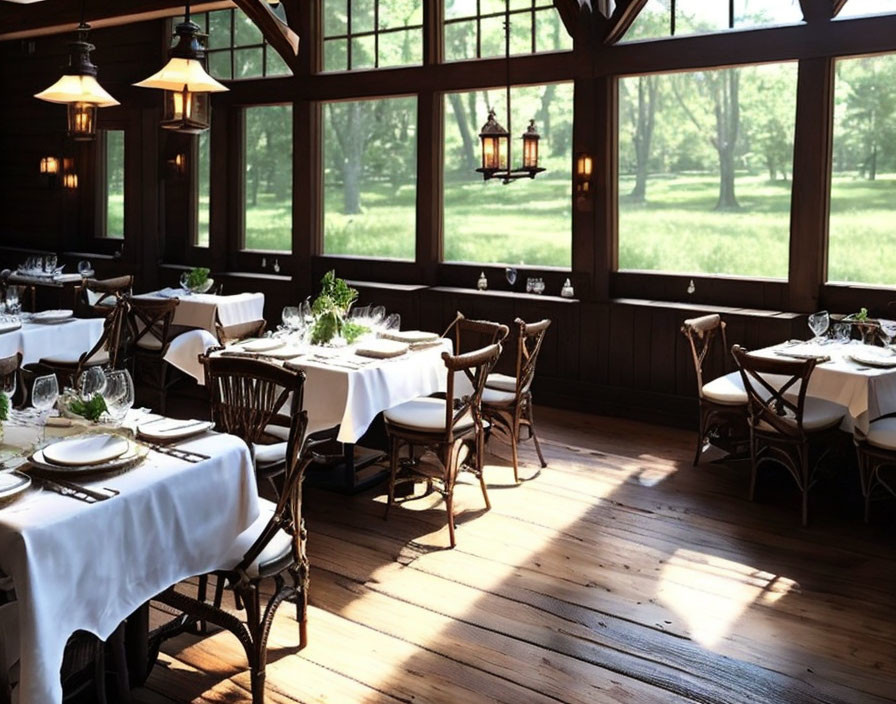 Elegant Dining Area with Wooden Flooring, White Tablecloths, Pendant Lights, and Large Windows