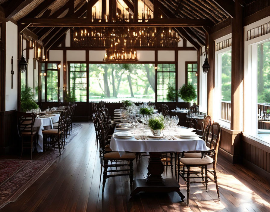 Sophisticated dining hall with wooden beams, white tablecloths, crystal glassware, and scenic