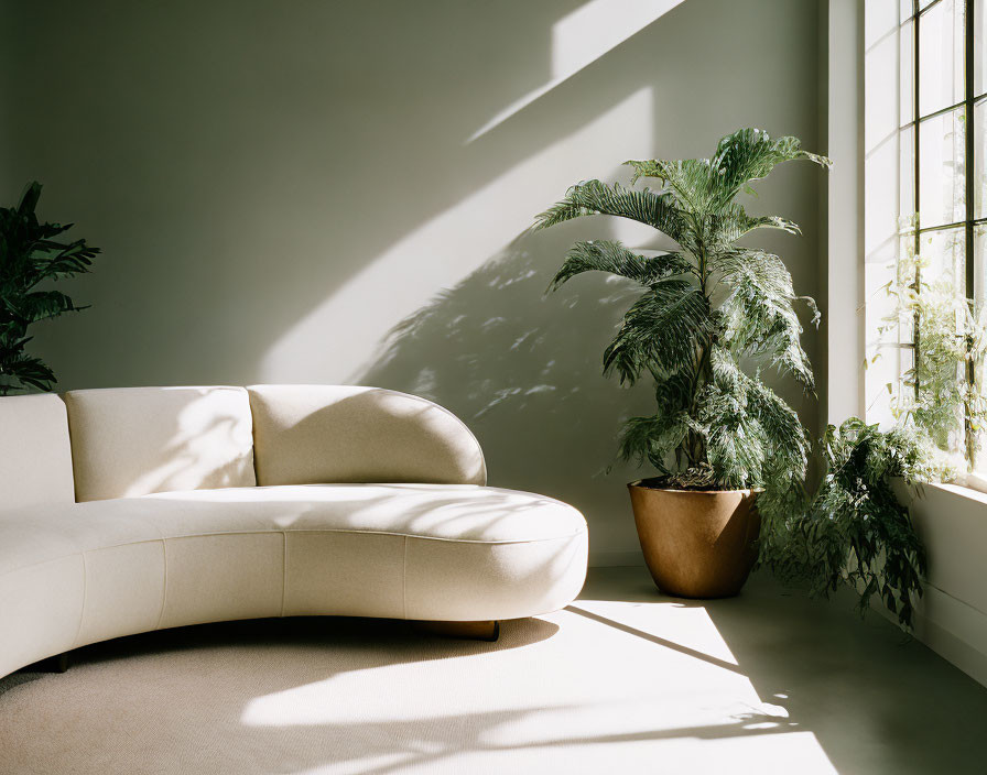 Modern Room with Curved Sofa, Potted Plants, and Sunlit Shadows