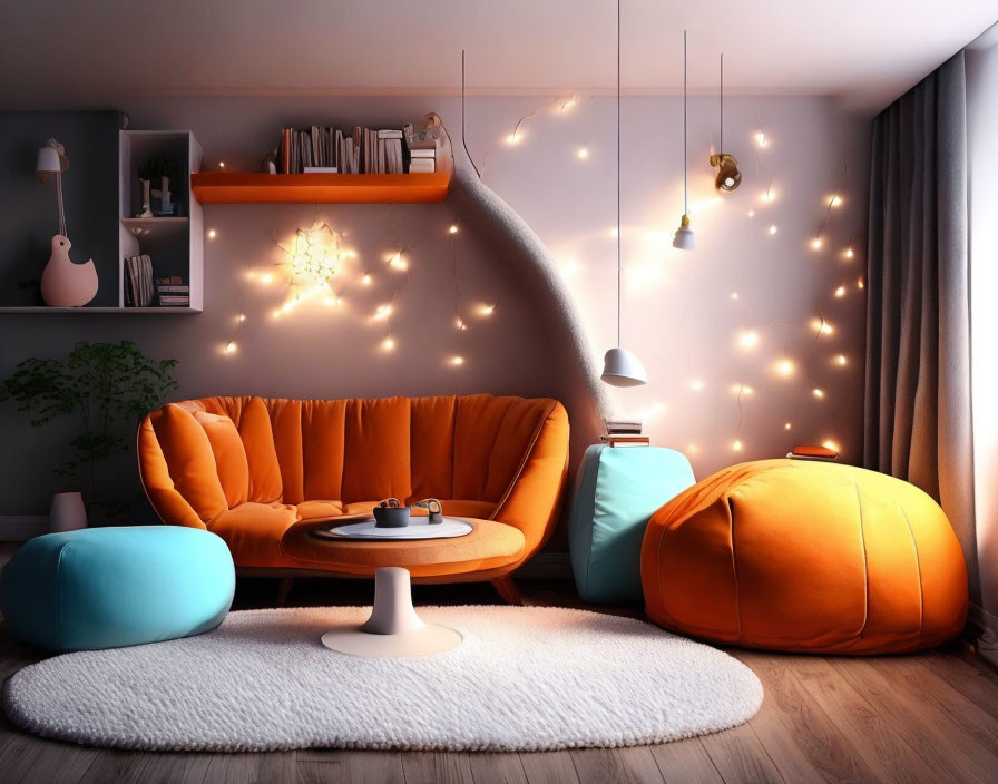 Modern Living Room Twilight Scene with Orange Sofa and Blue Poufs