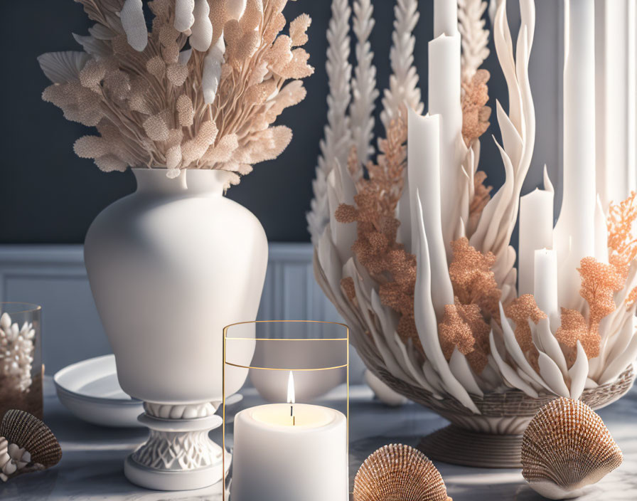 White vase with dried floral arrangement and candles in elegant tabletop decor