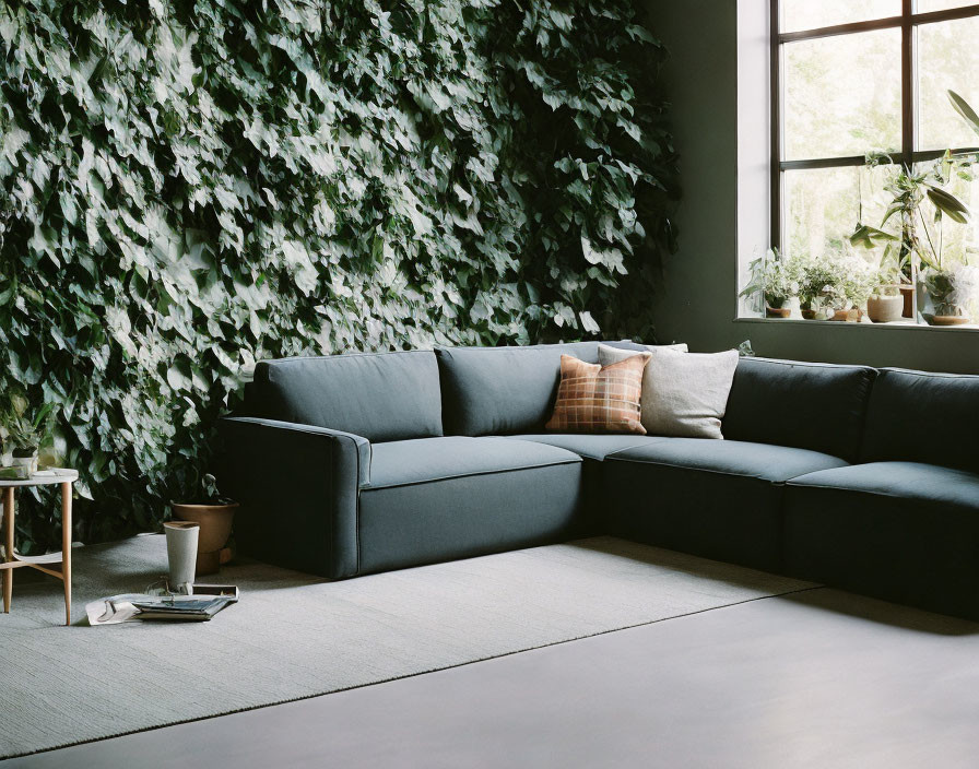 Spacious living room with navy blue sectional sofa and green foliage wall.