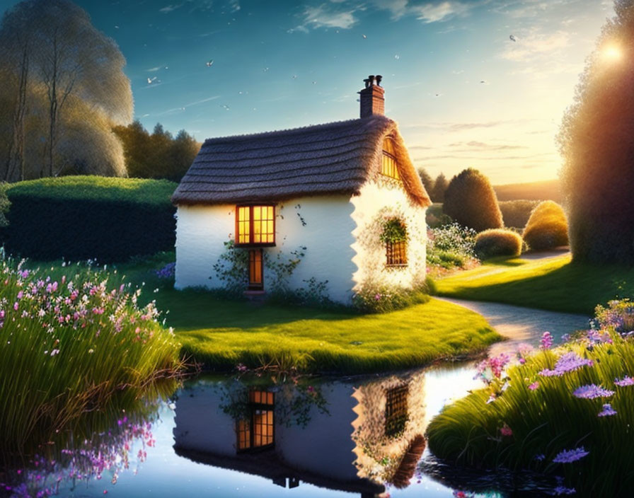 Thatched cottage by reflective pond at sunset surrounded by gardens