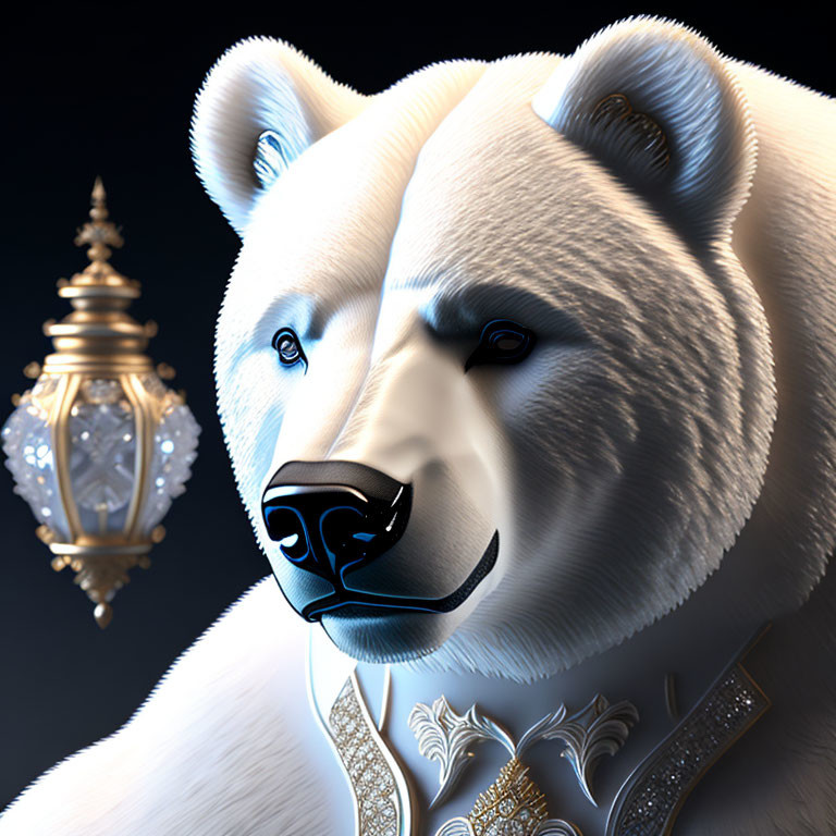 Detailed 3D-rendered anthropomorphic polar bear in royal attire on dark background