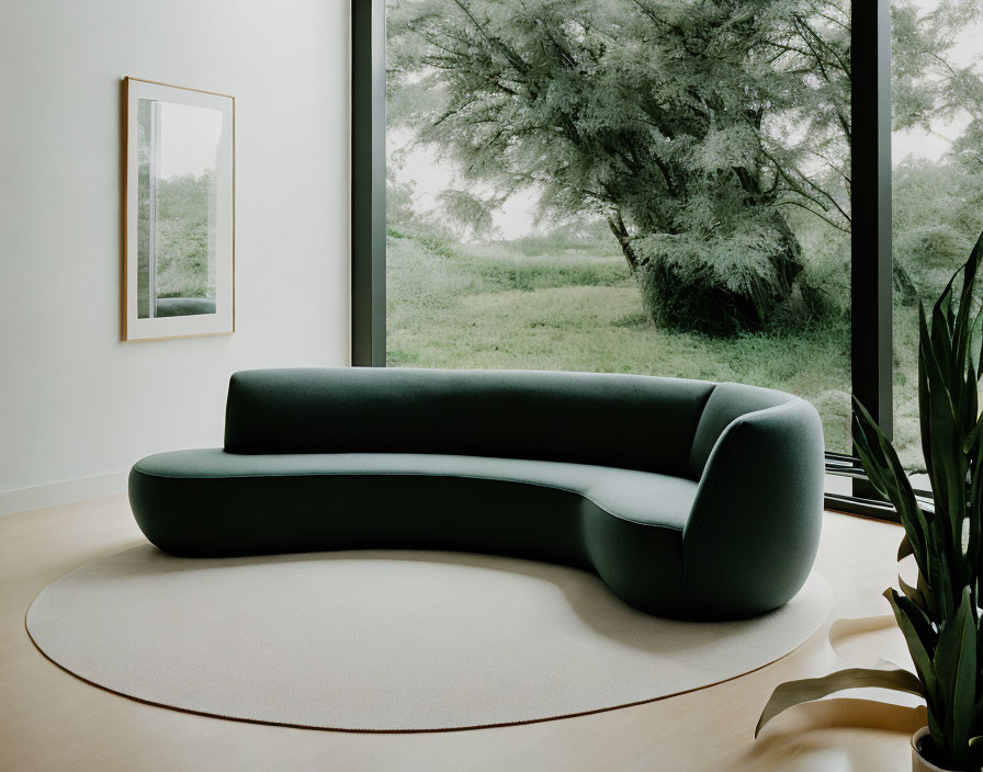 Minimalist Room with Modern Curved Sofa and Tranquil Green Landscape