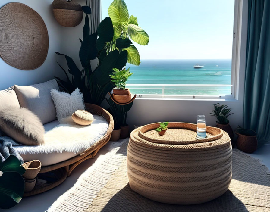 Seaside room with sofa, plants, woven decor, and ocean view.