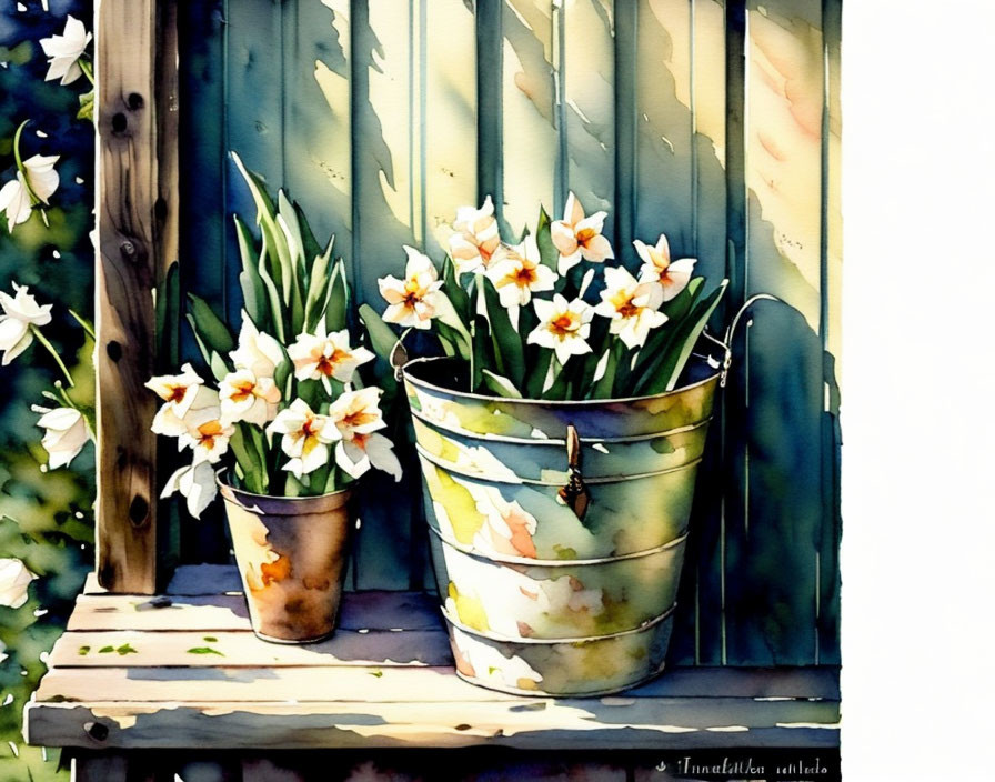 Daffodils in pots on wooden bench with garden background