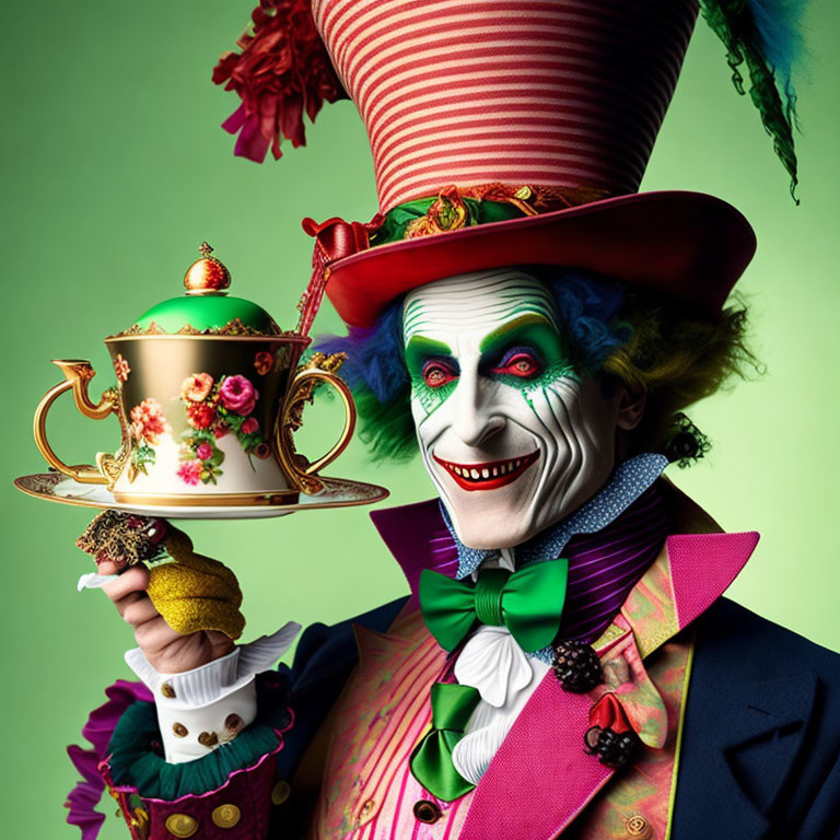 Colorful Makeup and Costume Character Holding Teacup Set on Green Background